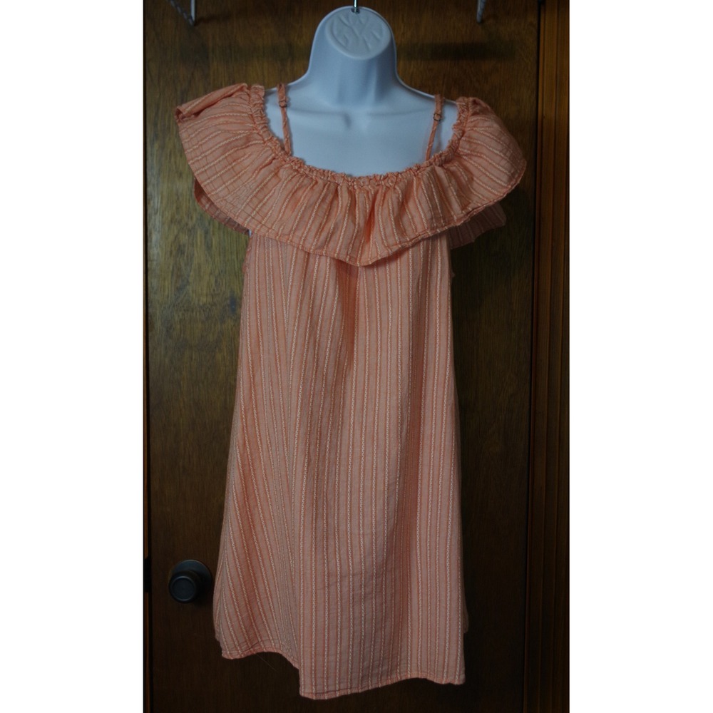 Umgee USA Peach Striped Ruffle Cold Shoulder Mini‎ Dress Large G0203 Boho Summer